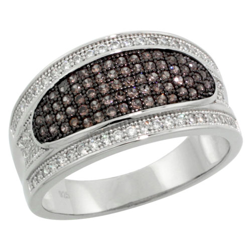 STERLING SILVER CUBIC ZIRCONIA MICRO PAVE EYE SHAPE BAND WHITE & BROWN STONES, SIZES 6 TO 9