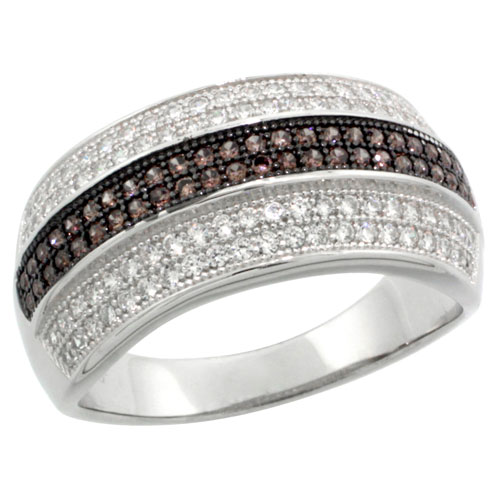 STERLING SILVER CUBIC ZIRCONIA MICRO PAVE 3-ROW BAND WHITE & BROWN STONES, SIZES 6 TO 9