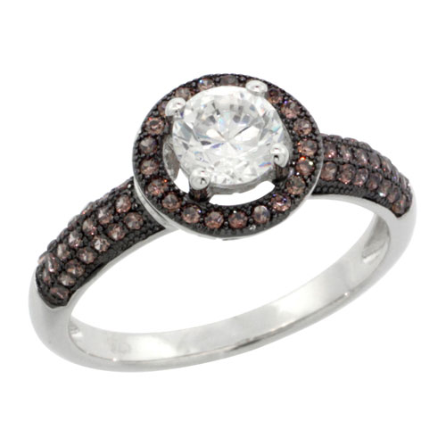 STERLING SILVER CUBIC ZIRCONIA MICRO PAVE ROUND CROWN SHAPE CENTER STONE RING WHITE & BROWN STONES, SIZES 6 TO 9