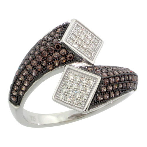 STERLING SILVER CUBIC ZIRCONIA MICRO PAVE WATER DROP RING WHITE & BROWN STONES, SIZES 6 TO 9