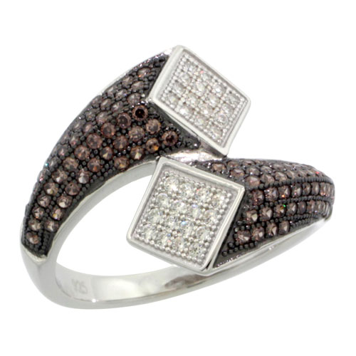 Sterling Silver Cubic Zirconia Micro Pave Water Drop Ring White &amp; Brown Stones, Sizes 6 to 9