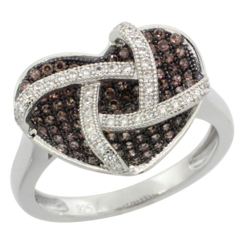 Sterling Silver Micro Pave Cubic Zirconia Heart in a Cage Ring White & Brown Stones, Sizes 6 to 9