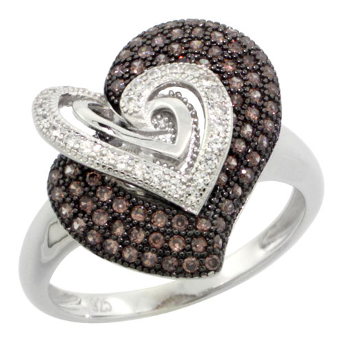 STERLING SILVER MICRO PAVE CUBIC ZIRCONIA THREE IN ONE HEART RING WHITE & BROWN STONES, SIZES 6 TO 9