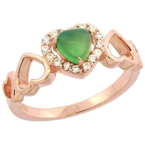 STERLING SILVER HEART GREEN SERPENTINE RING CZ ACCENTS ROSE GOLD FINISH, 5/16 INCH WIDE, SIZES 6 - 9