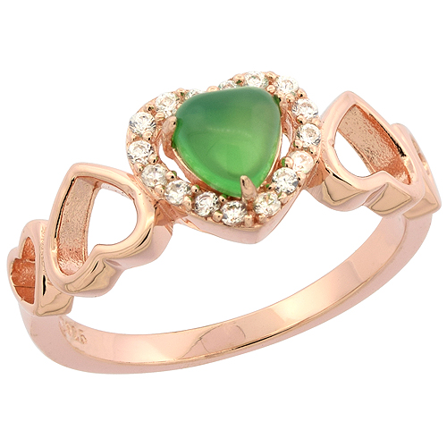 Sterling Silver Heart Green Serpentine Ring CZ Accents Rose Gold Finish, 5/16 inch wide, sizes 6 - 9