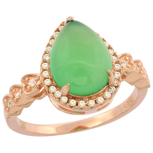 STERLING SILVER TEARDROP GREEN SERPENTINE RING HEARTS AND CZ ACCENTS ROSE GOLD FINISH, 17/32 INCH WIDE, SIZES 6 - 9