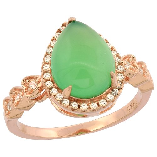 Sterling Silver Teardrop Green Serpentine Ring Hearts and CZ Accents Rose Gold Finish, 17/32 inch wide, sizes 6 - 9