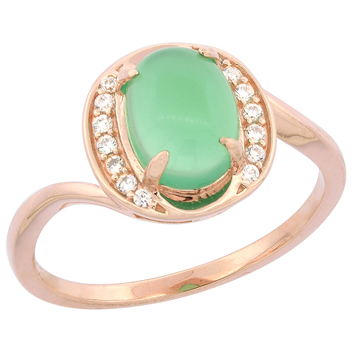 Sterling Silver Oval Green Serpentine Ring Wavy Shank with CZ Accents Rose Gold Finish, 13/32 inch wide, sizes 6 - 9