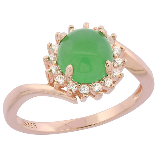 Sterling Silver Round Green Serpentine Ring Sunburst CZ Accents Rose Gold Finish, 13/32 inch wide, sizes 6 - 9