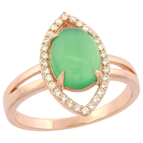 STERLING SILVER OVAL GREEN SERPENTINE SPLIT SHANK RING CZ ACCENTS ROSE GOLD FINISH, 5/8 INCH WIDE, SIZES 6 - 9