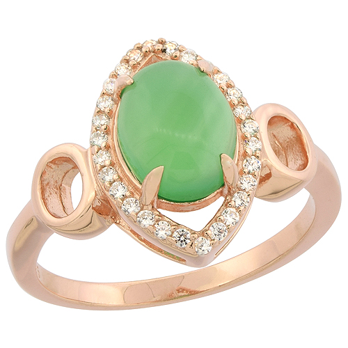 STERLING SILVER OVAL GREEN SERPENTINE RING CZ ACCENTS ROSE GOLD FINISH, 9/16 INCH WIDE, SIZES 6 - 9