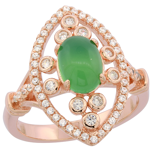 STERLING SILVER OVAL GREEN SERPENTINE RING ROSE GOLD FINISH WITH MICRO PAVE CZ FLORAL ACCENT, 13/16 INCH WIDE, SIZES 6 - 9