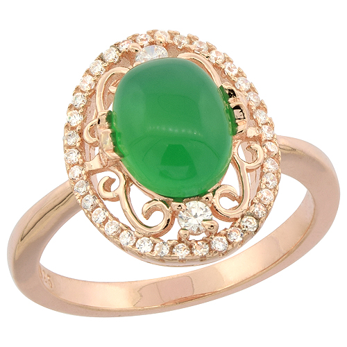 STERLING SILVER OVAL GREEN SERPENTINE RING FILIGREE ROSE GOLD FINISH WITH MICRO PAVE CZ, 5/8 INCH WIDE, SIZES 6 - 9