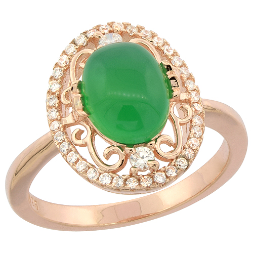 Sterling Silver Oval Green Serpentine Ring Filigree Rose Gold Finish with Micro Pave CZ, 5/8 inch wide, sizes 6 - 9