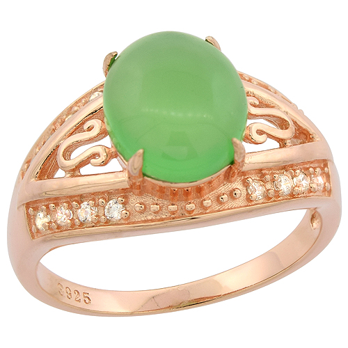 Sterling Silver Oval Green Serpentine Ring Domed CZ Accents Rose Gold Finish, 7/16 inch wide, sizes 6 - 9