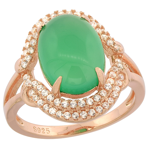 STERLING SILVER OVAL GREEN SERPENTINE DOUBLE HALO CZ RING ROSE GOLD FINISH, 11/16 INCH WIDE, SIZES 6 - 9