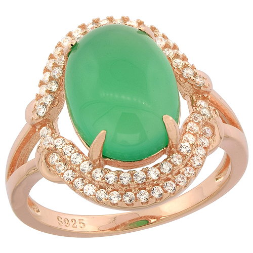 Sterling Silver Oval Green Serpentine Double Halo CZ Ring Rose Gold Finish, 11/16 inch wide, sizes 6 - 9
