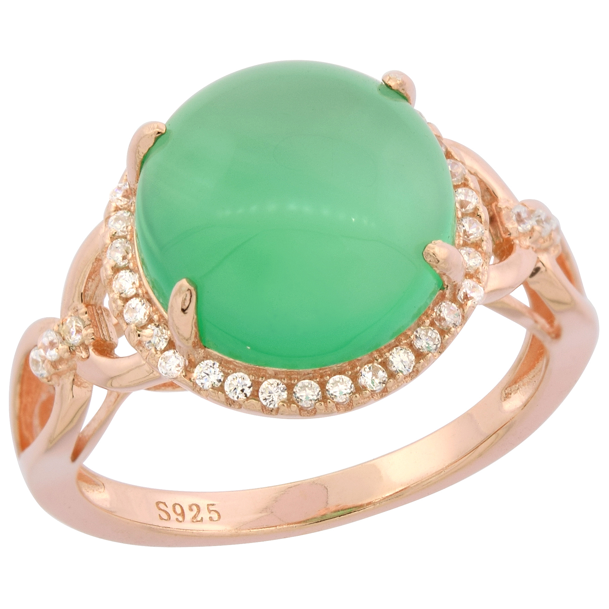 Sterling Silver Large Round Green Serpentine Ring CZ Accents Rose Gold Finish, 7/16 inch wide, sizes 6 - 9
