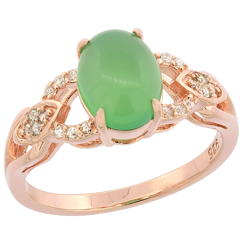 Sterling Silver Oval Green Serpentine Ring with CZ Accents Rose Gold Finish, 11/32 inch wide, sizes 6 - 9