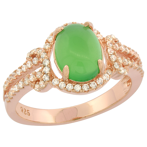 STERLING SILVER OVAL GREEN SERPENTINE RING CZ AND KNOT ACCENTS ROSE GOLD FINISH, 7/16 INCH WIDE, SIZES 6 - 9