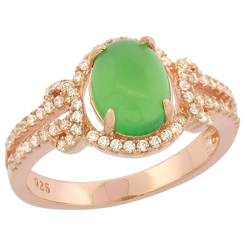 Sterling Silver Oval Green Serpentine Ring CZ and Knot Accents Rose Gold Finish, 7/16 inch wide, sizes 6 - 9