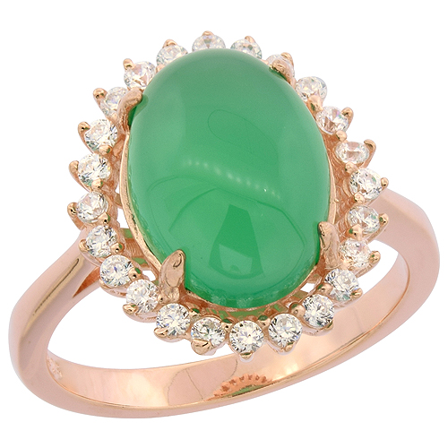 Sterling Silver Oval Green Serpentine Halo CZ Ring Rose Gold Finish, 5/8 inch wide, sizes 6 - 9