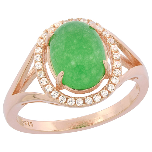 Sterling Silver Oval Green Serpentine Micro Pave CZ Halo Ring Rose Gold Finish, 1/2 inch wide, sizes 6 - 9