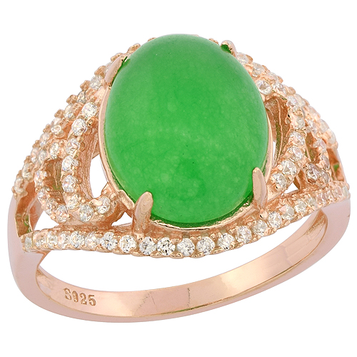 STERLING SILVER OVAL GREEN SERPENTINE RING WITH MICRO PAVE CZ ACCENTS ROSE GOLD FINISH, 9/16 INCH WIDE, SIZES 6 - 9