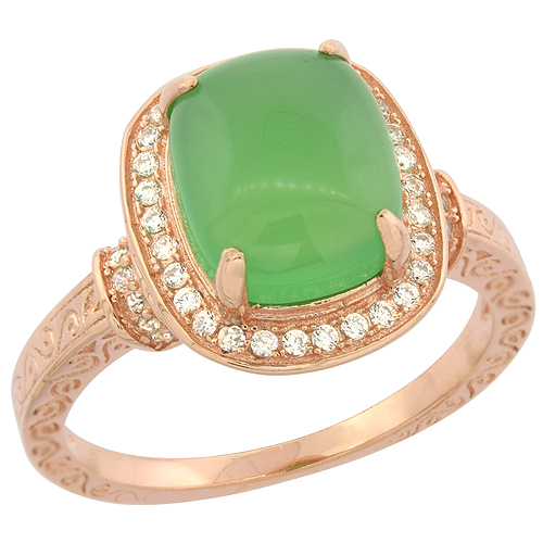 Sterling Silver Emerald cut Green Serpentine Ring Swirl and CZ Accents Rose Gold Finish, 17/32 inch wide, sizes 6 - 9