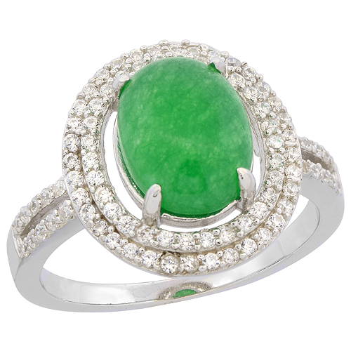 STERLING SILVER OVAL GREEN SERPENTINE RING DOUBLE HALO CZ RHODIUM FINISH, 5/8 INCH WIDE, SIZES 6 - 9