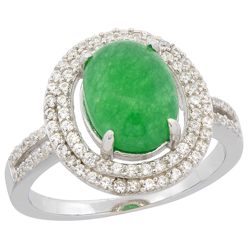 Sterling Silver Oval Green Serpentine Ring Double Halo CZ Rhodium Finish, 5/8 inch wide, sizes 6 - 9