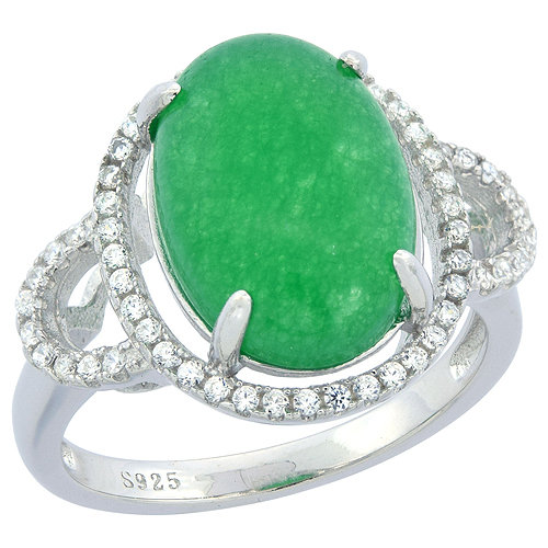 Sterling Silver Oval Green Serpentine Ring CZ Accents Rhodium Finish, 5/8 inch wide, sizes 6 - 9