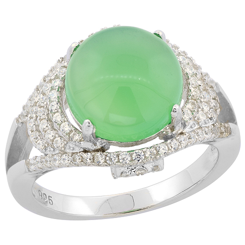 Sterling Silver Round Green Serpentine Ring Micro Pave CZ Rhodium Finish, 9/16 inch wide, sizes 6 - 9