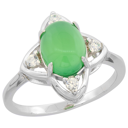 STERLING SILVER OVAL GREEN SERPENTINE RING QUATREFOIL CZ ACCENTS RHODIUM FINISH, 19/32 INCH WIDE, SIZES 6 - 9