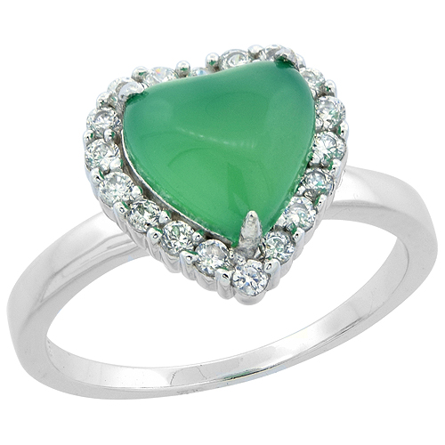 Sterling Silver Heart Emerald Ring Halo CZ Rhodium Finish, 7/16 inch wide, sizes 6 - 9