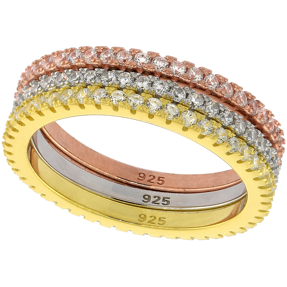 STERLING SILVER MICRO PAVE CUBIC ZIRCONIA ETERNITY STACKING RINGS SET OF 3 PRONG SETTING 3-COLOR 1/4 INCH WIDE, SIZES 6 10