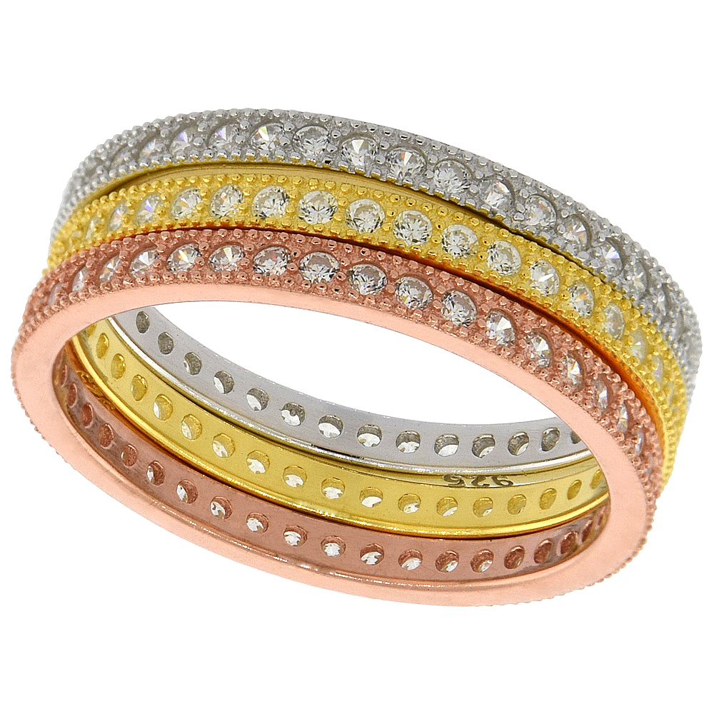 STERLING SILVER MICRO PAVE CUBIC ZIRCONIA ETERNITY STACKING RINGS SET OF 3 PAVE SETTING 3-COLOR 1/4 INCH WIDE, SIZES 6 10