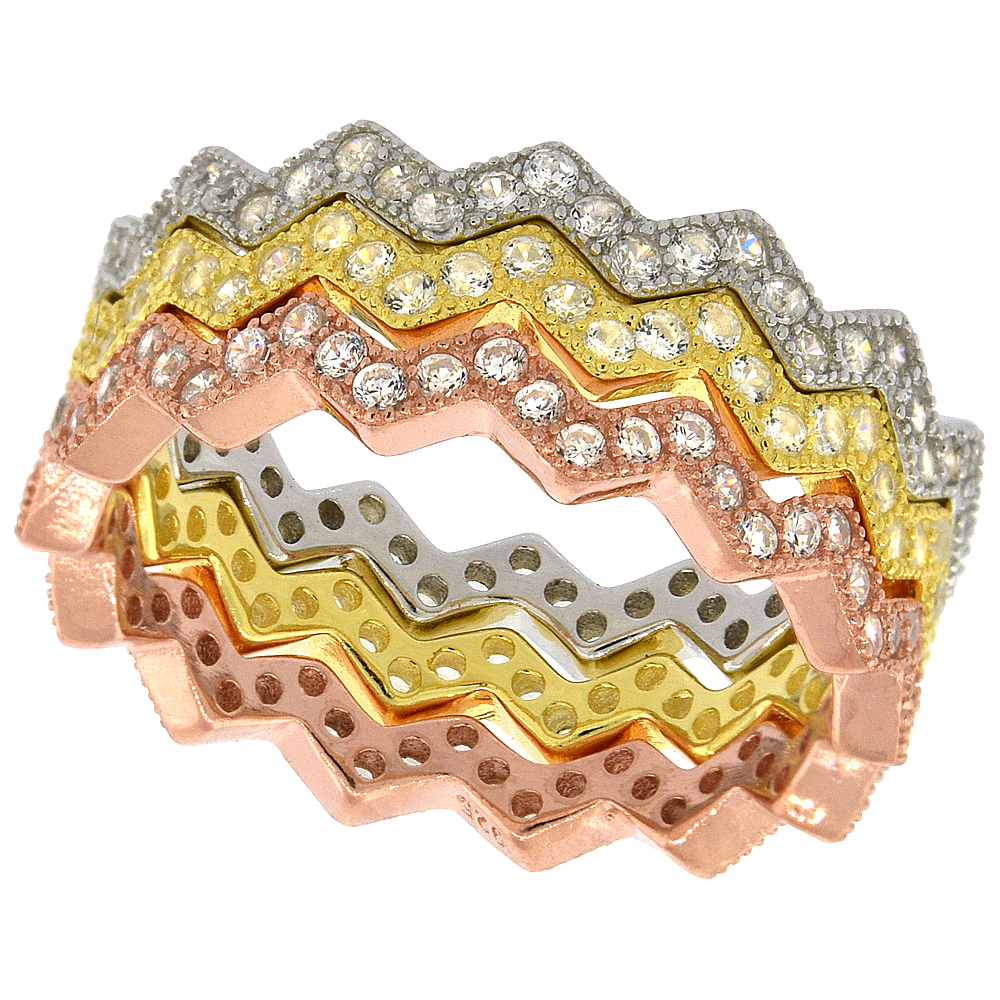 STERLING SILVER MICRO PAVE CUBIC ZIRCONIA ETERNITY STACKING RINGS ZIGZAG SHAPE SET OF 3 PAVE SETTING 3-COLOR 1/4 INCH WIDE, SIZES 6 10