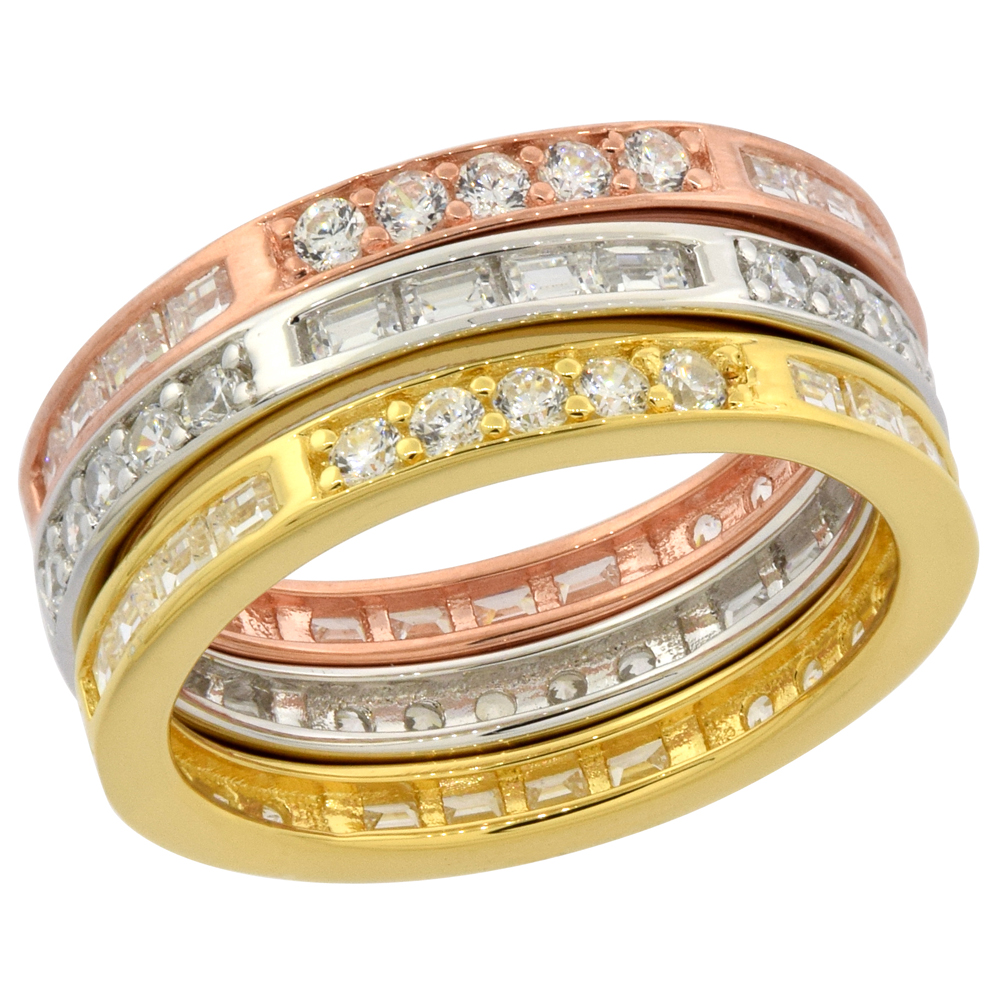 STERLING SILVER MICRO PAVE CUBIC ZIRCONIA 3-PC. STACKABLE ETERNITY BAND SET TRI-TONE, SIZES 6 - 9
