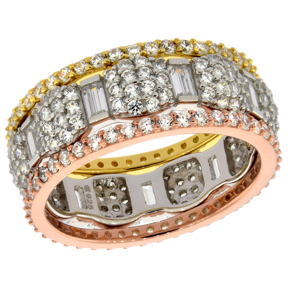 STERLING SILVER MICRO PAVE CUBIC ZIRCONIA 3-PC. ETERNITY RING SET TRI-TONE, SIZES 6 - 9
