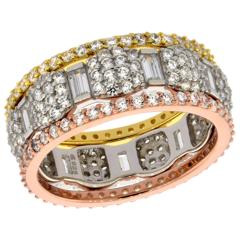 Sterling Silver Micro Pave Cubic Zirconia 3-pc. Eternity Ring Set Tri-tone, sizes 6 - 9