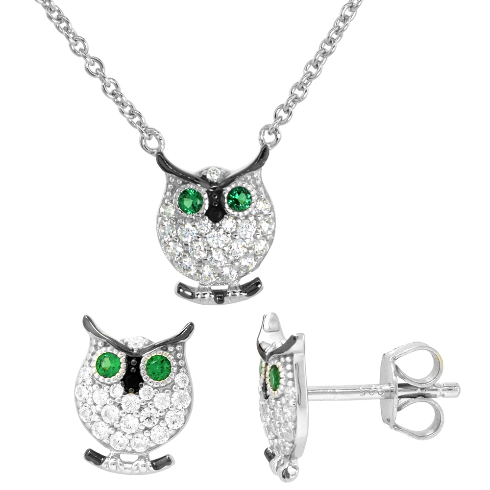 Dainty Sterling Silver Owl Earrings Necklace Set Green and White CZ Micropave Rhodium Plated 3/8 inch (11mm) tall