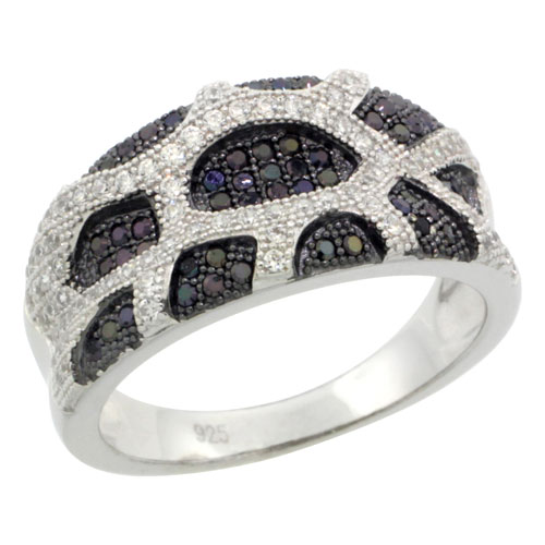 Sterling Silver Cubic Zirconia Micro Pave Spider Web Style Band Black &amp; White Stones, Sizes 6 to 9