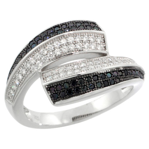 Sterling Silver Cubic Zirconia Micro Pave Wave Ring Black &amp; White Stones, Sizes 6 to 9