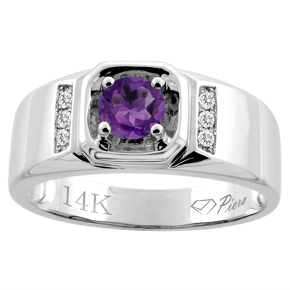 14K White Gold Natural Amethyst Men&#039;s Ring Diamond Accented 5/16 inch wide, sizes 9 - 14