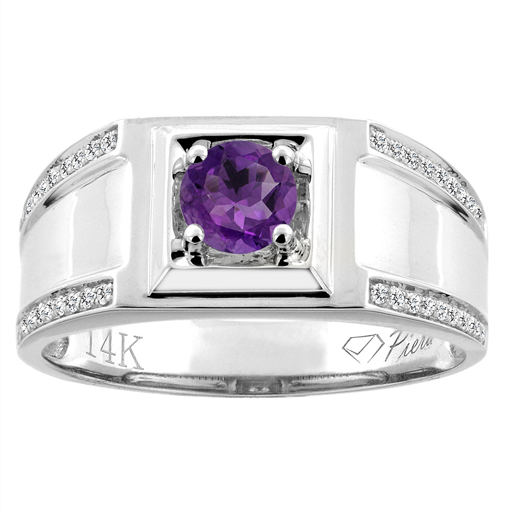 14K White Gold Natural Amethyst Men's Ring Diamond Accented 3/8 inch wide, sizes 9 - 14