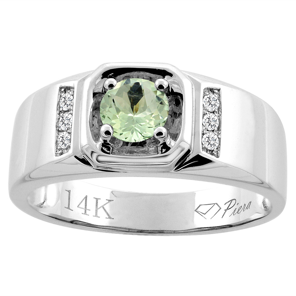 14K White Gold Natural Green Amethyst Men's Ring Diamond Accented 5/16 inch wide, sizes 9 - 14