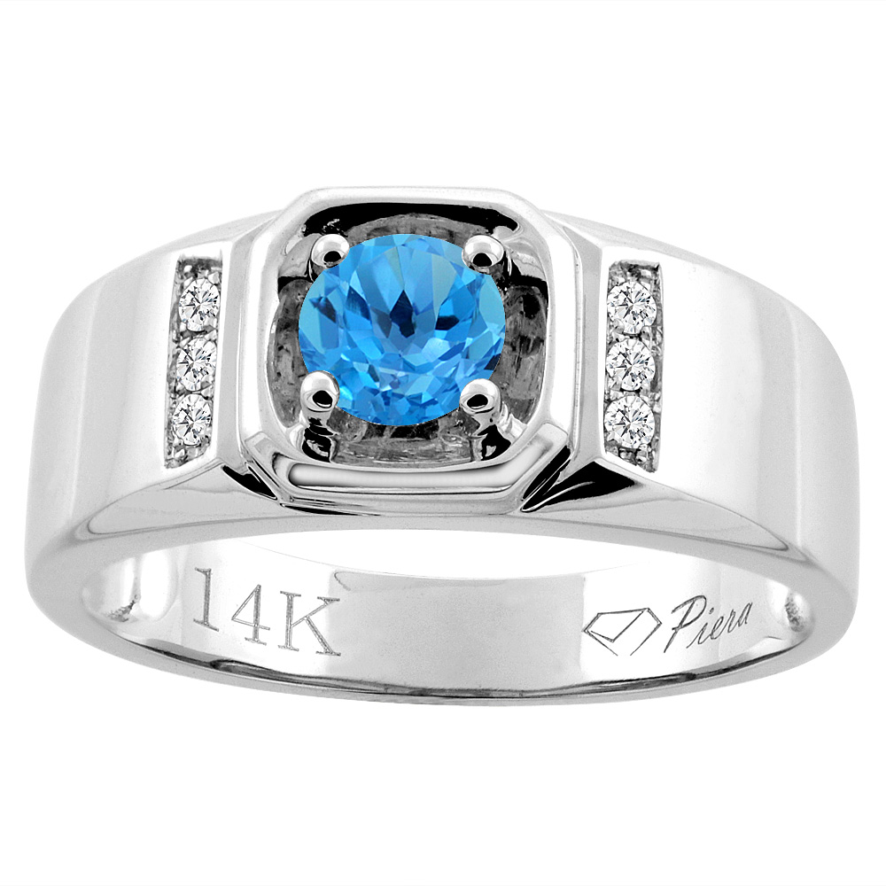 14K White Gold Natural Swiss Blue Topaz Men's Ring Diamond Accented 5/16 inch wide, sizes 9 - 14