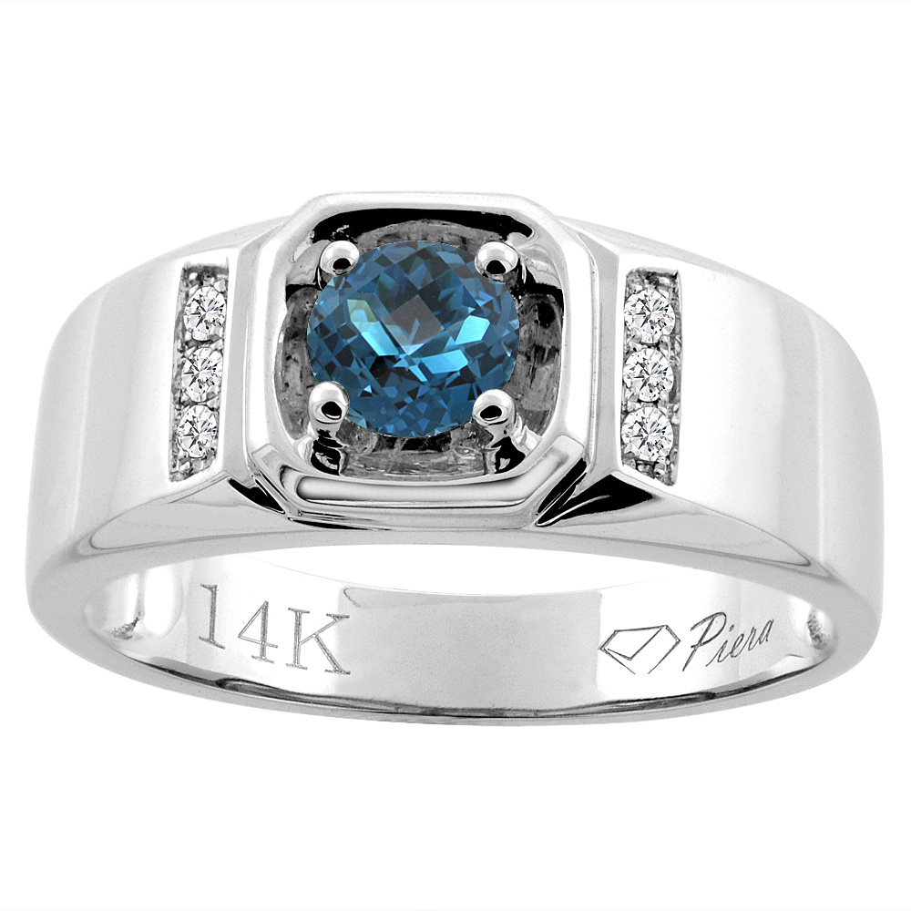 14K White Gold Natural London Blue Topaz Men's Ring Diamond Accented 5/16 inch wide, sizes 9 - 14