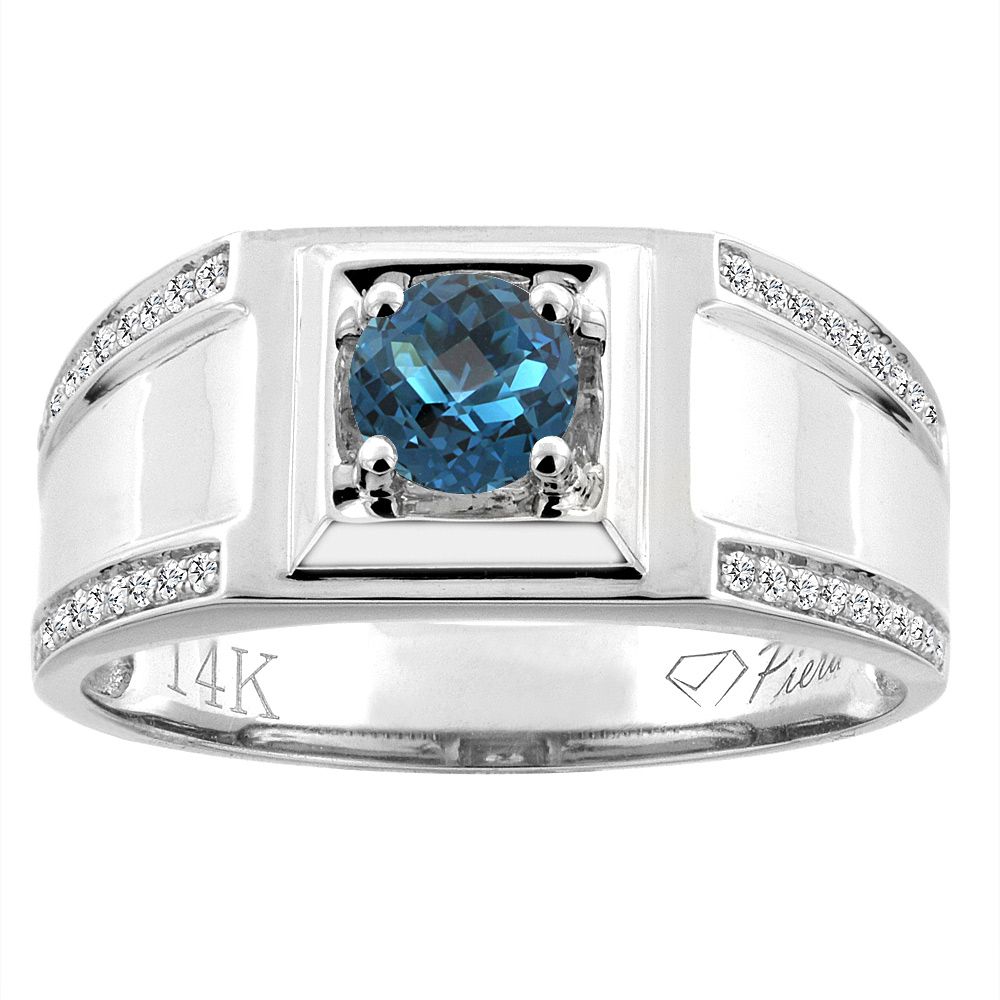 14K White Gold Natural London Blue Topaz Men's Ring Diamond Accented 3/8 inch wide, sizes 9 - 14